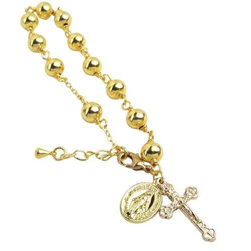 Needzo Gold Tone First Communion Rosary Bracelet, Beaded Chain with Cross and Miraculous Medal Charms, Catholic Religious Gift Keepsake for Eucharist or RCIA