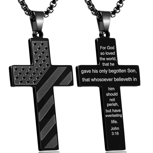 RWQIAN American Flag Cross Necklace for Men Bible Verse, Christian Religious Scriptures Faith Baptism 1st First Communion Pendant Chain for Boys, Fathers Dad Day Graduation Jewelry Gifts for Him - color: Black, style: John 3-16