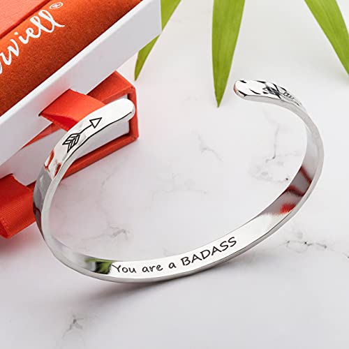 Carviell Bracelets for Women – 100+ Meaningful Engraved Messages – Solid 316L Surgical Stainless Steel Cuff Bracelet – Gift Ready - color: BADASS Gift - You are a Badass