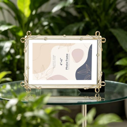 Metal Photo Picture Frame, 4x6 Inch, Bow Design with Rhinestones, Decorative Picture Frame, Classic Home Collection, Wedding Gifts (Gold) - color: Gold