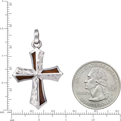 Sterling Silver Koa Wood Inlay Cross Crucifix Necklace Pendant with 18" Box Chain, Nickel Free Hypoallergenic for Sensitive Skin, Gift Box Included - color: Hawaiian Heirloom Cross