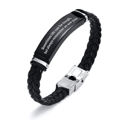 Leather Bracelet Sobriety Gifts for Men : Inspirational Quote/Bible Verse Engraved Braided Black Mens Bracelet for Him, Customized Religious Christian Gift Jewelry for Son/Dad/Boys/Boyfriend/Husband - style: 17:Sometimes life can be tough