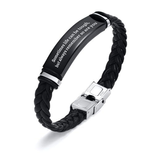 Leather Bracelet Sobriety Gifts for Men : Inspirational Quote/Bible Verse Engraved Braided Black Mens Bracelet for Him, Customized Religious Christian Gift Jewelry for Son/Dad/Boys/Boyfriend/Husband - style: 17:Sometimes life can be tough