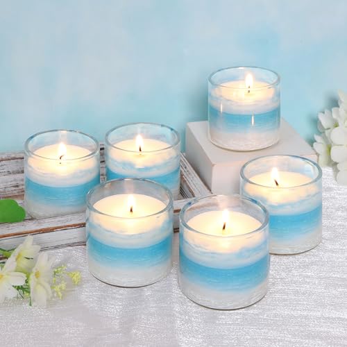 Jar Candles Scented Set of 6 Candle for Home Scented Votive Decorative Aromatherapy Candles Gift Set Clean Burning Non Toxic Long Lasting Ocean Theme for Home Decor Meditation Stress Relief - color: Coastal Theme