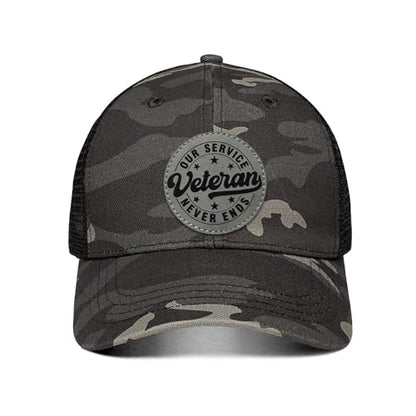 Hat for Men Women, Baseball Cap Gifts for Men Women, Adjustable Cotton Leather Patch Trucker Baseball Cap - color: Veteran-round