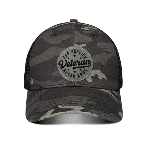 Hat for Men Women, Baseball Cap Gifts for Men Women, Adjustable Cotton Leather Patch Trucker Baseball Cap - color: Veteran-round