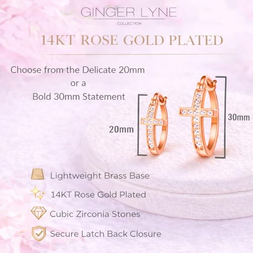 Cross Hoop Earrings for Women by Ginger Lyne – 20 or 30mm 14KT Gold Plated with Clear Cubic Zirconia – Jesus Religious Christian Jewelry for Church or All Occasion Wear - color: Rose Tone-30mm