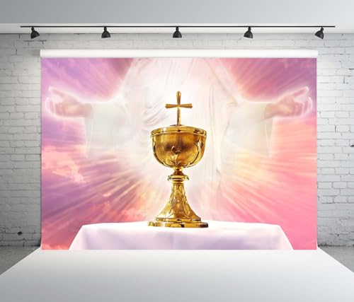 BELECO 7x5ft Fabric Holy Communion Backdrop Chalice in an Altar with God Light Holy Eucharist Theme Background First Communion Party Decorations Christian Church Sanctuary Banner Photo Studio Props - size: 7x5FT