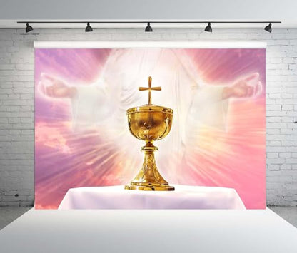 BELECO 7x5ft Fabric Holy Communion Backdrop Chalice in an Altar with God Light Holy Eucharist Theme Background First Communion Party Decorations Christian Church Sanctuary Banner Photo Studio Props - size: 7x5FT