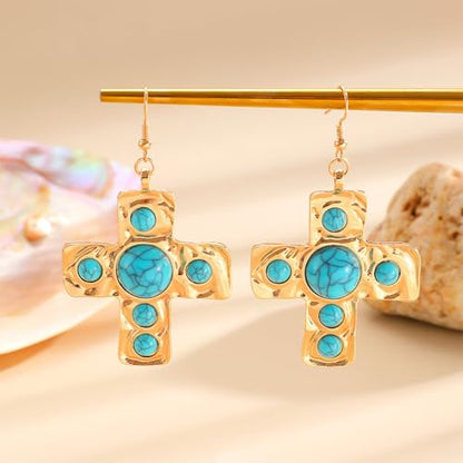 Chunky Gold Silver Cross Drop Dangle Earrings for Women Statement Western - color: Gold-Turquoise