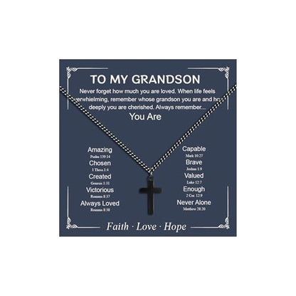 Small Cross Necklace for Boys Baptism Christmas Confirmation Valentines Easter Birthday Gifts to Teens Son Grandson Nephew - color: black, style: Grandson