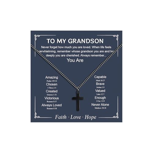 Small Cross Necklace for Boys Baptism Christmas Confirmation Valentines Easter Birthday Gifts to Teens Son Grandson Nephew - color: black, style: Grandson
