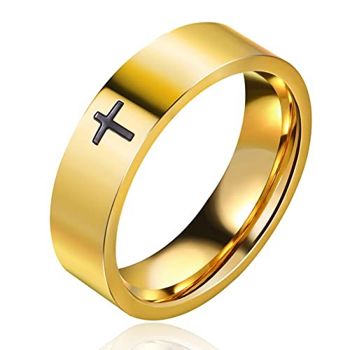 Cross Rings for Men, 18K Gold Plated Mens Rings Stainless Steel Silver Lord Prayer Jesus Christian Black Pinky Ring, Ring Size 5 to 13 - color: Gold