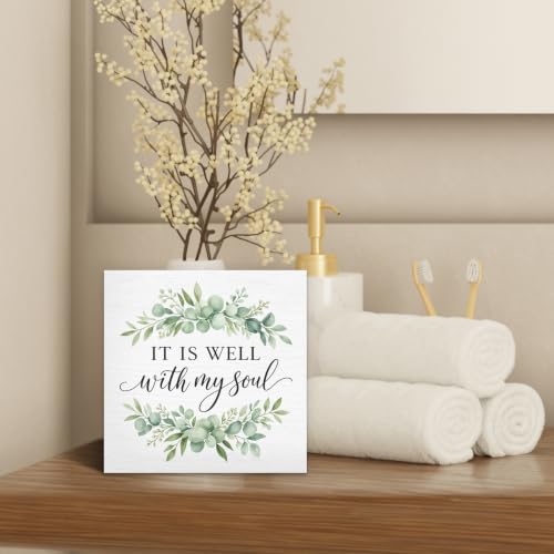 Christian Religious Bible Verse Wood Box Sign Desk Decor 5X5 - color: Soul Greenery
