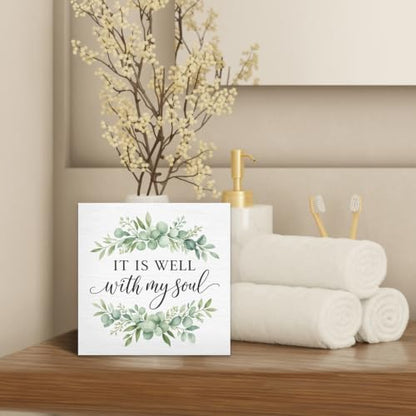 Christian Religious Bible Verse Wood Box Sign Desk Decor 5X5 - color: Soul Greenery