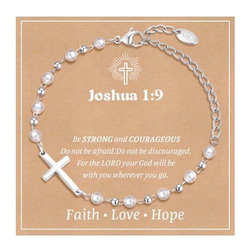 Baby Baptism Cross Bracelet Gift : 18k Gold Plated/Silver Delicate Pearl Cross Bracelets Kids Daughter Granddaughter Birthday First Communion Confirmation Gifts Christian Jewelry for Boys Girls - style: Silver - joshua 1 9