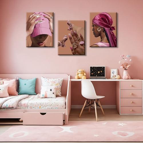 Black Girl Poster Pink Bedroom Wall Decor Set of 3 - color: Framed 12"x16" Black Girl Wall Art Set of 3