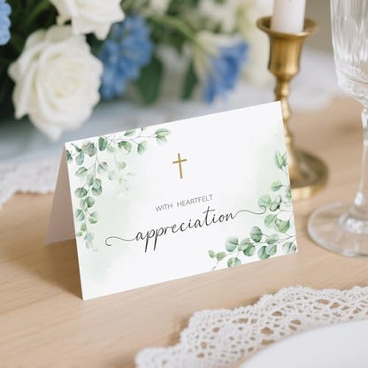 25 Pack Funeral Thank You Cards, Watercolor Eucalyptus Leaves Design - color: Green