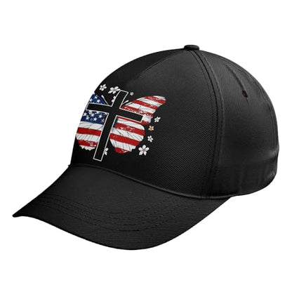 American Flag Christian Trucker Hat for Men Women, Adjustable Snapback Baseball Cap USA Pride Hat Religious Gifts - color: Black Red White Butterfly Cross