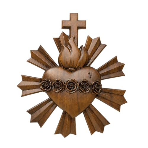 XXLTY Hand-Carved Sacred Heart of Jesus Wooden Wall Decor – Religious Art Hanging, Catholic Home Decoration, 14 * 12Inch Spiritual Gift (Rose walnut sacred heart) - color: Rose walnut sacred heart