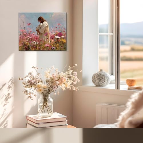 Jesus the Shepherd Wall Art Christian Lamb Flowers Canvas Print Framed - color: color-H