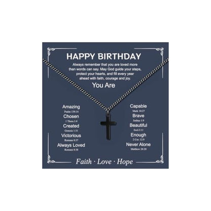 Small Cross Necklace for Boys Baptism Christmas Confirmation Valentines Easter Birthday Gifts to Teens Son Grandson Nephew - color: black, style: Happy Birthday