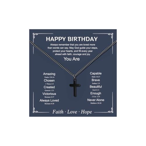 Small Cross Necklace for Boys Baptism Christmas Confirmation Valentines Easter Birthday Gifts to Teens Son Grandson Nephew - color: black, style: Happy Birthday