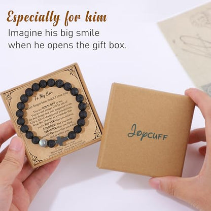 JoycuFF 𝗖𝗵𝗿𝗶𝘀𝘁𝗶𝗮𝗻 𝗚𝗶𝗳𝘁𝘀 𝗳𝗼𝗿 𝗠𝗲𝗻 𝗠𝗼𝗼𝗻𝘀𝘁𝗼𝗻𝗲 𝗖𝗿𝗼𝘀𝘀 𝗕𝗿𝗮𝗰𝗲𝗹𝗲𝘁𝘀, Christmas Stocking Stuffers Inspirational Gifts for Teens Men Cross Bracelets with Card - color: Son Gifts