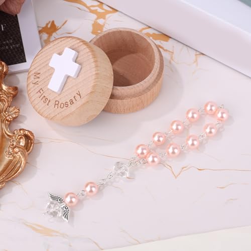 My First Rosary Baptism Gifts, Baptism Memorial Box & Rosary Bracelet with Angel Wings Catholic First Communion Christening Beads Gifting Set for Baby Shower