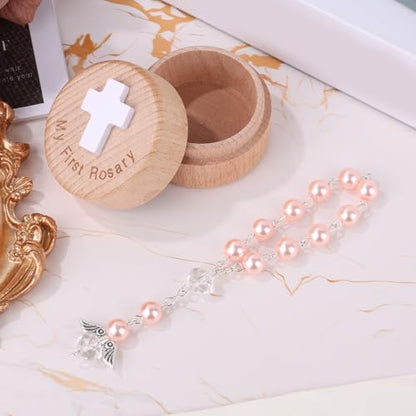 My First Rosary Baptism Gifts, Baptism Memorial Box & Rosary Bracelet with Angel Wings Catholic First Communion Christening Beads Gifting Set for Baby Shower