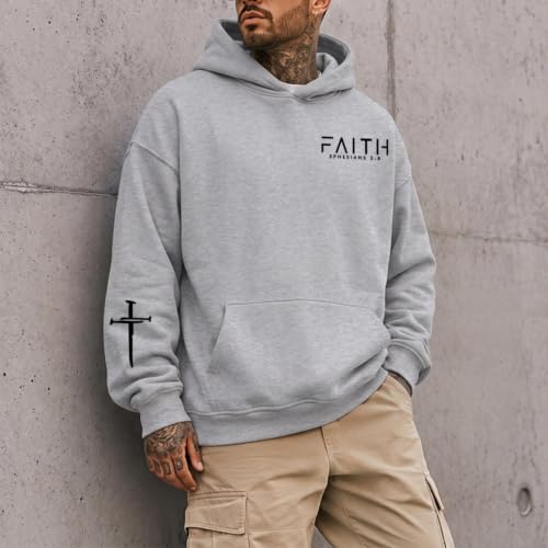 Christian Hoodies for Men Faith Cross Graphic Hoodie Jesus Fleece Sweatshirts Bible Verse Religious Pullover Tops - color: Light Gray, size: Large