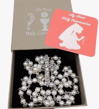 Westmon Works Girl's First Communion Rosary Glass Beads Metal Chalice and Crucifix with Holy Card Deluxe Boxed Gift Set