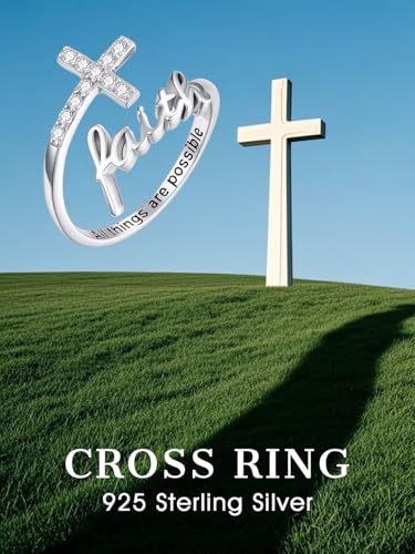 Cross Rings Faith Ring 925 Sterling Silver Adjustable Cross Wrap Ring Christian Fashion Band for Women - color: B-White Gold