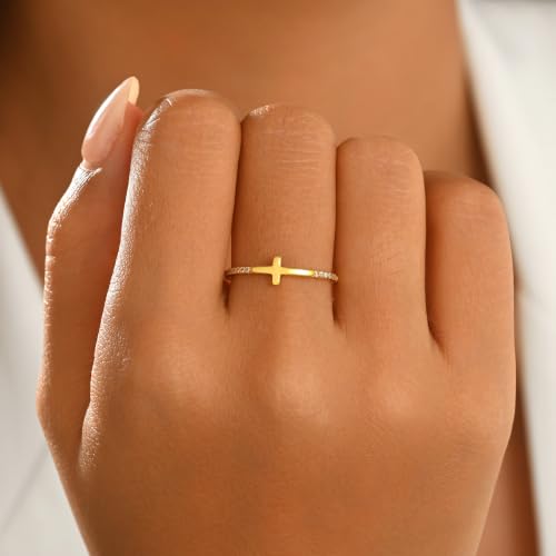 925 Sterling Silver Jesus Pray Cross Ring for Women with Cubic Zirconia - color: Gold