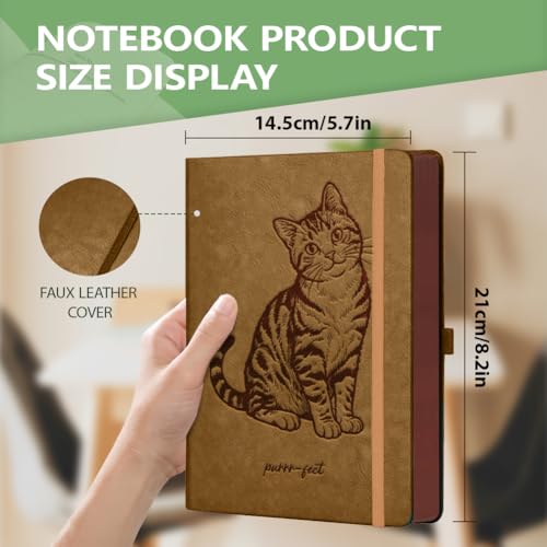 A5 Cute Cat Leather Journal, 300 Pages Lined Notebook, Brown Vintage Pattern Hardcover Notebook for Travel Diary, Business, Work and School Daily Writing - style: Cute Cat