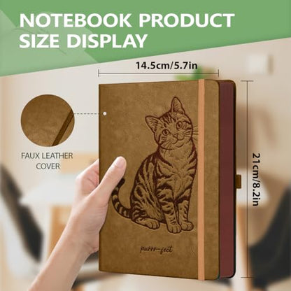 A5 Cute Cat Leather Journal, 300 Pages Lined Notebook, Brown Vintage Pattern Hardcover Notebook for Travel Diary, Business, Work and School Daily Writing - style: Cute Cat