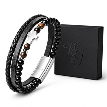 WFJ Men’s Christian Cross Bracelet Genuine Leather Multilayer with Tiger Eye & Black Beads Protection - size: Large