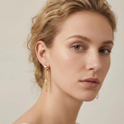 Gold Tassel Chain Hoop Earrings for Women Trendy Cross Evil Eye Dangling Chain Hoop Earrings Huggie Hypoallergenic Fashion Jewelry Gifts