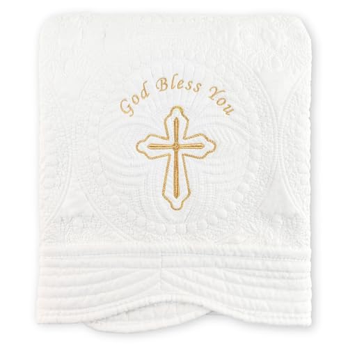 Cotton Quilted Baptism & Christening Baby Blanket Cross Gift 33"x45" - color: Golden Blessing Blanket