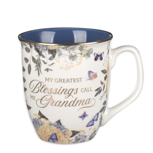 Christian Art Gifts Large Ceramic Coffee Scripture Mug for Grandmothers - color: White & Deep Blue Floral/Grandma