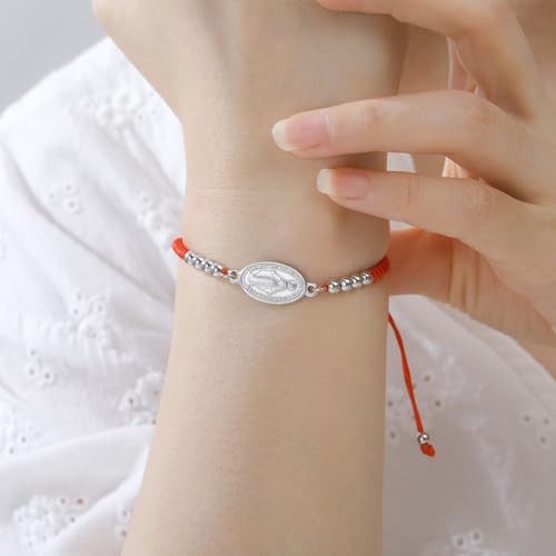 VASSAGO Virgin Mary Bracelet for Women Men Double-Sided Virgen de Guadalupe Rosary Bracelet Medal Handmade Braided Rope Catholic Christian Religious Jewelry Gift - color: silver-red string