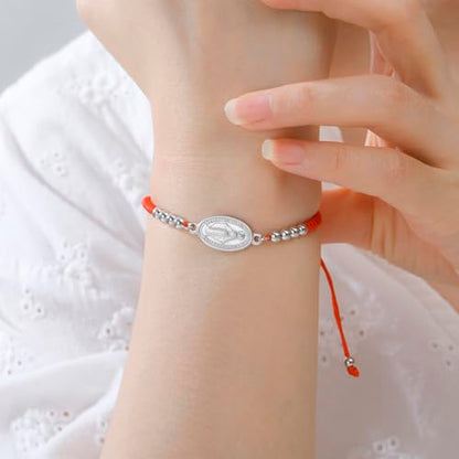 VASSAGO Virgin Mary Bracelet for Women Men Double-Sided Virgen de Guadalupe Rosary Bracelet Medal Handmade Braided Rope Catholic Christian Religious Jewelry Gift - color: silver-red string
