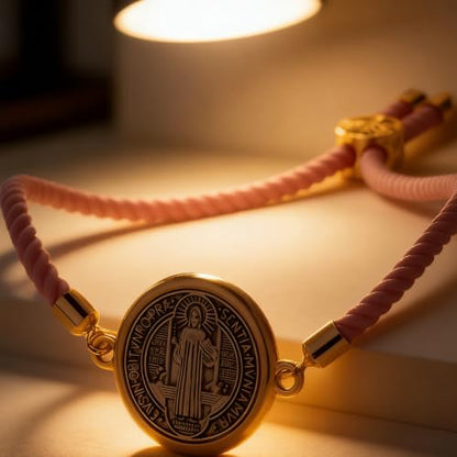 Catholic Bracelets St. Benedict Bracelet Red Rope Double Hole Pendant Couple Woven Bracelets Adjustable Black Bracelet - color: pink