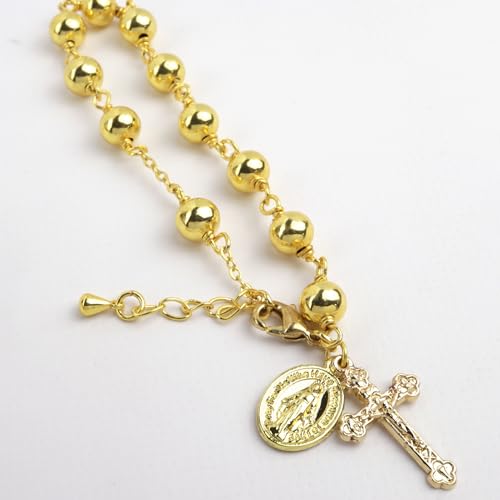 Needzo Gold Tone First Communion Rosary Bracelet, Beaded Chain with Cross and Miraculous Medal Charms, Catholic Religious Gift Keepsake for Eucharist or RCIA