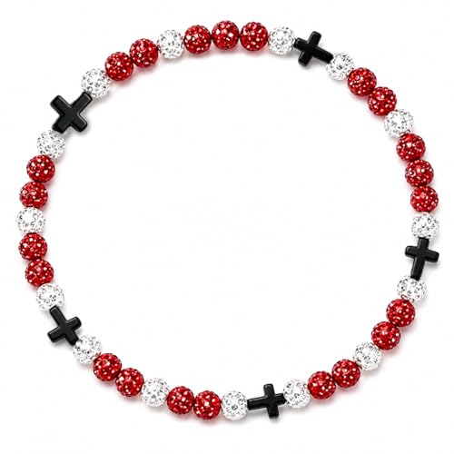 Baseball Bead Cross Necklace for Boys Kids, Elastic Rhinestone Bling Necklace Drip Gifts for Teens Players - color: Black Cross/Red/White