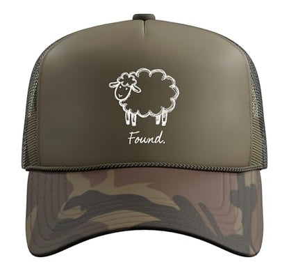 Found Minimalist Sheep Christian Psalm 23 Lamb Christian Trucker Hat with Adjustable Mesh Back - color: Camo Green