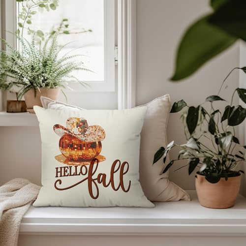 Hello Fall Western Disco Ball Pumpkin Throw Pillow Covers 18x18 - color: Disco Ball