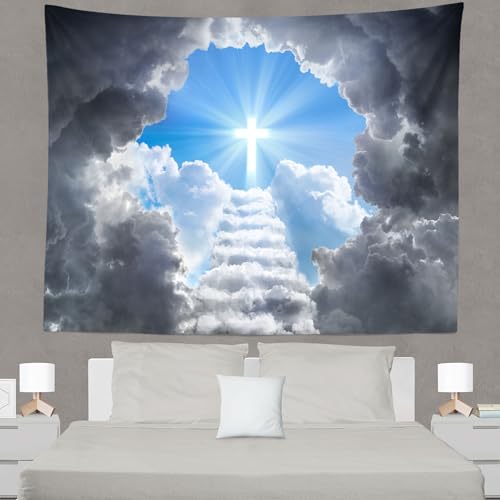 Loccor 12x8ft Fabric Cross Tapestry Photography Backdrop Stairway to Heaven Women Men Church Living Room Dorm Apartment Bedroom Aesthetic Photo Christian Background Religious Wall Art Spiritual Mural - size: 140"L x 98"W