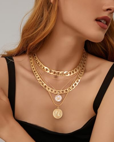 MJartoria Layered Necklaces for Women Trendy Retro Coin Pendant - color: Golden, style: Zodiac-Cancer-3PCS Layered