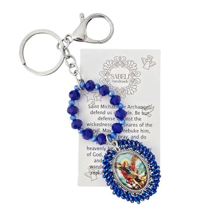 Sabeli Handmade Keychain Clip Holder - Catholic Rosary Bead Prayer - Religious Gifts Men Women - Llavero Catolico Regalo - color: Archangel Michael Royal Blue